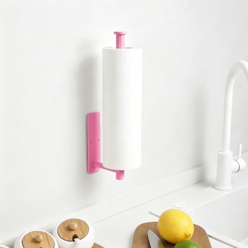 Image of Pink Paper Towel Holder, Self Adhesive Paper Towels Roll Holders Under Cabinet, Stainless Steel Wall Mount Towel Paper Holder for Kitchen, Bathroom
