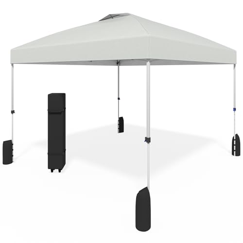 Favofamilie 10x10 Pop Up Canopy - Instant Setup Beach Tent with Wheeled Carry Bag, 8 Sandbags & 4 Guy Lines - Portable Sun Shade for Camping, Events, Silver Coated Top, White
