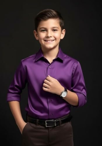 Image of Boy Premium Satin Regular Fit Full Sleeves Plain Shirt for Boys with Elegant Design | Stylish & Comfortable Shirt for Casual Outings (Boys, Purple, 6 Year - 7 Year)