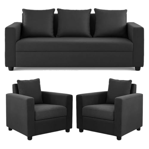 Image of Wood 3+1+1 Sofa Set 5 Seater | Velvet Fabric Upholstery | Wooden Frame Sofa Set with 3 Seater & 2 Single Chairs for Living Room, Home & Office (Dark Grey)