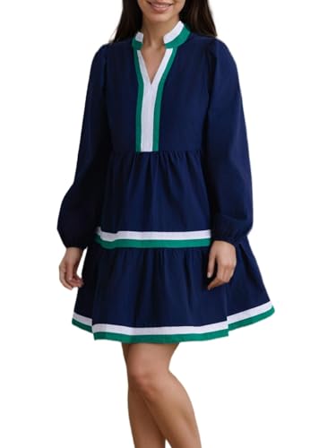 Womens Puff Long Sleeve Babydoll Dress V Neck Navy Blue Striped Color Block Tiered Mini Dresses4