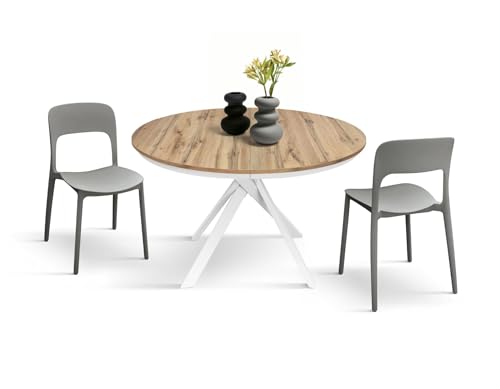 PAZZO DESIGN Table ronde extensible Gabri, table de salon, cuisine, pieds croisés Shangay blancs, fabriquée en Italie, chêne rustique, de 120 à 170 cm -...