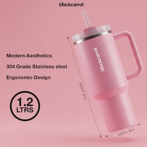 Image of BLACKCARROT 1200ml Double Wall Sipper with Straw and Lid, Tumbler Water Bottle, Black Carrot 304 Grade Stainless Steel Tumblers for Hot and Cold, Coffee Travel Mug, Pink