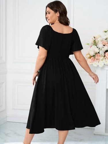 Image of SCOMCHIC Women Plus Size Midi Dresses Short Sleeve V Neck Twist Front Summer Wedding Guest Smocked Flowy A Line Dress