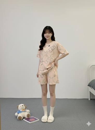Image of Lunza Women's Cotton Pajama Set with Top & Pants|| Korean Night Suit|| Lightweight Printed Set || Soft & Comfy Sleepwear for Girls & Women