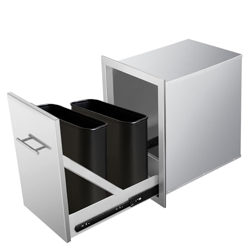 Image of Pull Out Trash Can Drawer Outdoor Kitchen Trash Cabinet Stainless Steel Flush Mount for Outdoor Kitchens & BBQ Islands 14 inch W x 25.7 inch H x 19.4 inch D