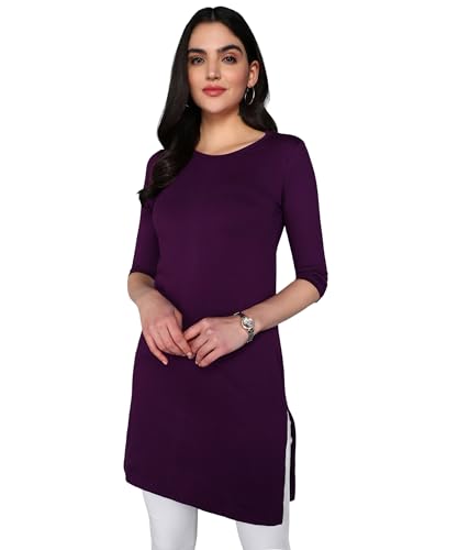 Image of FLEXIMAA Women's Cotton Plain Round Neck 3 /4 Sleeve Long Top