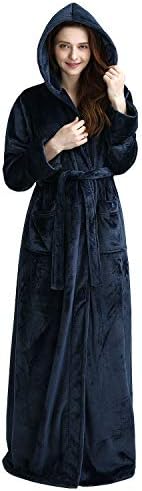 ZAKASA Hooded Robes for Women Long Plush Fleece Bathrobe Soft and Warm Navy Blue/XL