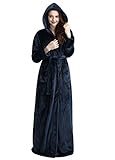ZAKASA Hooded Robes for Women Long Plush Fleece Bathrobe Soft and Warm Navy Blue/XL