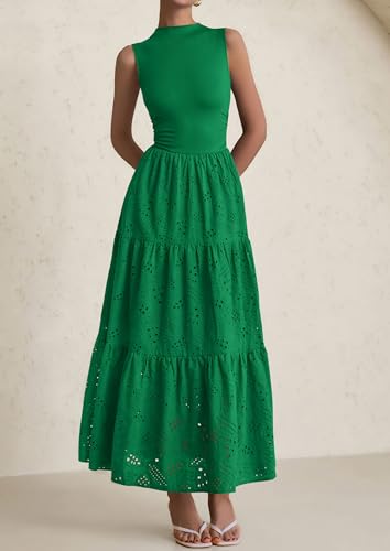 Image of PRETTYGARDEN Summer Dresses for Women 2026 Casual Eyelet Sleeveless Wedding Guest Maxi Dress Tank Top Sundress with Pockets