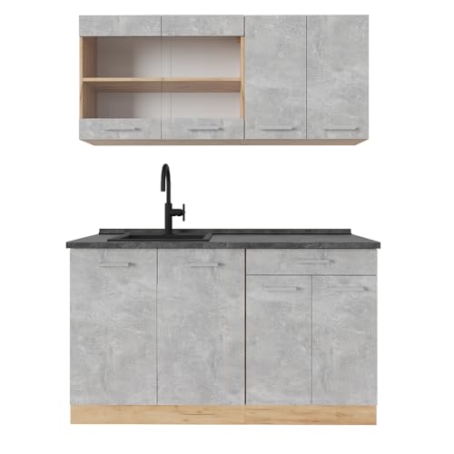 Vicco Cuisine R-Line, Béton/Force d'or Chêne, 140cm, PT Anthracite, adapté à Une Installation autoportante ou près du Mur