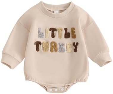 Frietlebird Newborn Baby Boy Thanksgiving Outfit Turkey Sweatshirt Romper Long Sleeve Bubble Onesie Cute My First Thanksgiving Outfit (T-Beige Little Turkey,0-3 Months)