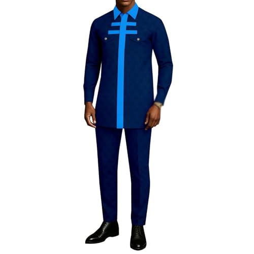 Ourmoon African Mens Clothing Dashiki Shirt and Pants Wedding Evening Suits Outfit 2 Piece Formal Traditional Outfits(Dark Blue,Large)