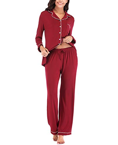 Pajamas for Women Lounge Set Cotton Sleepwear Comfy Notch Collar Button Down Lingerie PJS Set for Women Wine Red XL