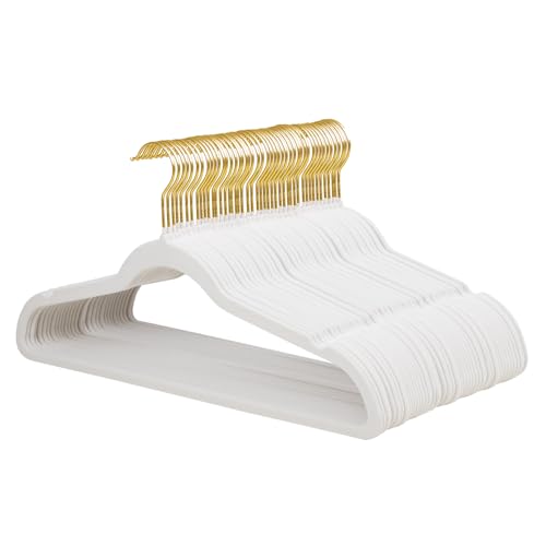 ManGotree Velvet Kleiderbügel, Kleider- und Anzugbügel, rutschfeste Filzbügel, ultraflache, platzsparende Kleiderbügel, robuste Kleiderbügel, 360 Grad drehbare Goldhakenbügel, 48 Stück (Weiß)