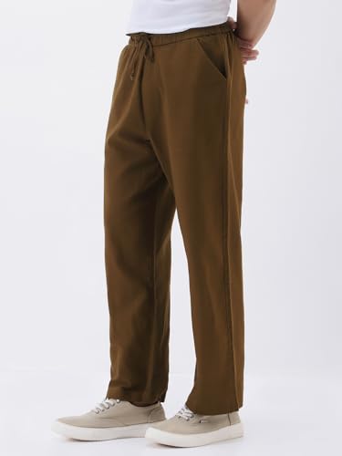 Image of Urbano Fashion Men's Loose Fit Solid Linen Blend Trousers Non-Stretchable