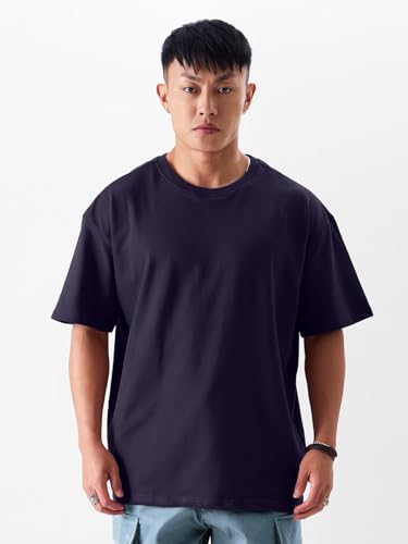 Image of crazymonk Oversized Baggy Fit Drop Shoulder Half Sleeves Round Neck Solid Pure Cotton T-Shirt for Men