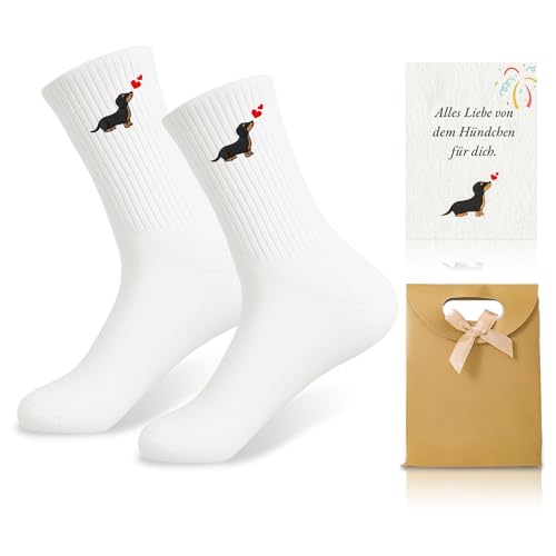 MOAZIFI Dackel Hundesocken mit Herz-Stickerei, Dackelsocken, Dackel Geschenke Atmungsaktiv, Geruchsneutral & Reibungsfrei, Geschenkset inklusive Karte und Tasche