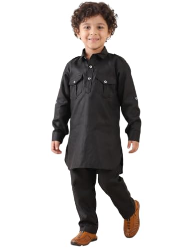 Image of AJ DEZINES Kids Cotton Full Sleeve Solid Black Pathani Suit Set for Boys - Ethnic Wear | Traditional | Festival Wear for boys - Regular Fit
