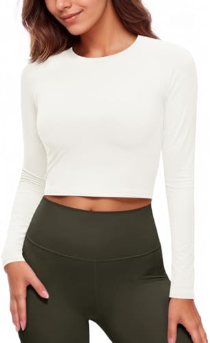 Fisoew - Camiseta deportiva para mujer con protección solar UPF 50+, manga larga, cuello redondo, para yoga, entrenamiento, crop top, transpirable, ajuste slim, camisetas, Blanco, L