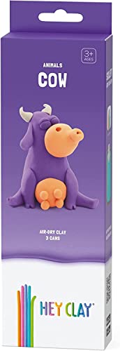 Image of HEY CLAY Modelling Air-Dry Clay with Fun Interactive App - Modeling Clay and Crafts Set for Kids Ages 3 to 8 - Series Animals & Rainbow Unicorns, 3 cans (Animals: Cow)