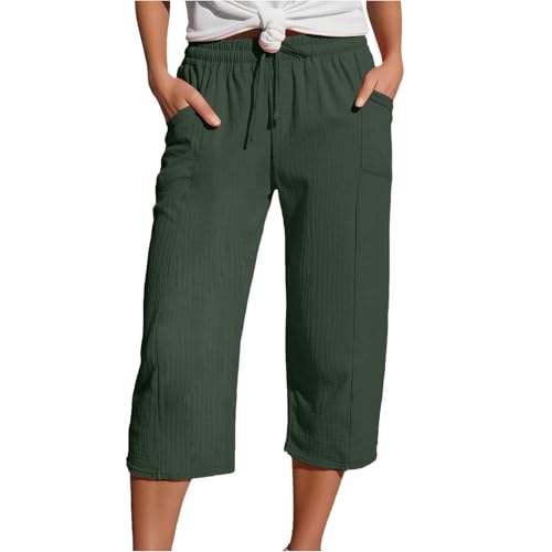 Pantalones de lino para mujer, casuales, de verano, 3/4, ligeros, con bolsillos, sueltos, elásticos, cómodos, para deporte, ocio, playa, senderismo, pantalones cortos para mujer, marrón, M