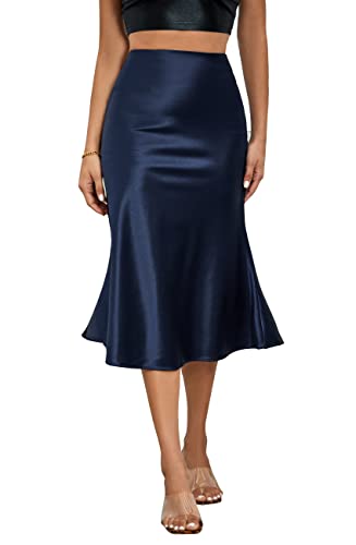 Alcea Rosea Womens Satin Midi Skirt Silky High Waist Skirt Work Party Pencil Bias Cutting Skirt (Navy Blue, XL)