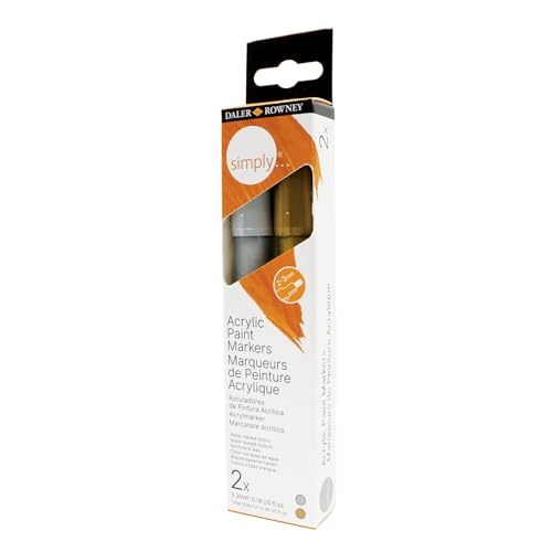 Daler-Rowney Simply Acrylic Marker Pen Set, 2 x Pens, Gold & Silver, Multi-Surface, Water-Based, 2-3mm Tip - Image 2
