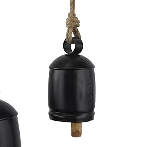 Deco 79 metal decorative cow bells tibetan inspired with jute hanging rope 10859h black  urban country home decor
