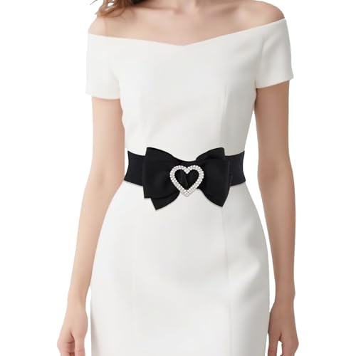 Women's Elastic Heart Rhinestone Bow Belt Stretch Ladies Belts for Dress