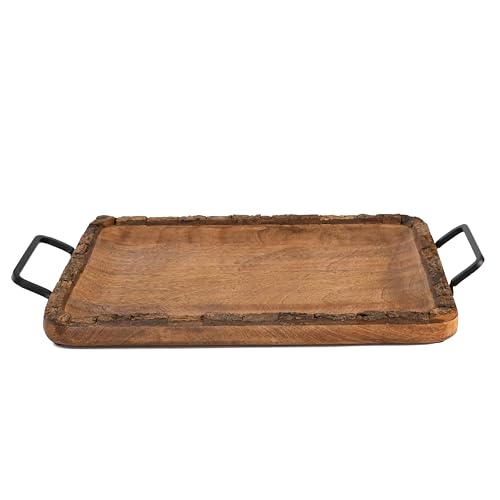 Image of Premium Mango Wood Serving Tray with Handles - Rustic Wooden Tray for Kitchen, Dining, Coffee, Snacks & Home Decor - 14x9 Inch Rectangle Wooden Tray