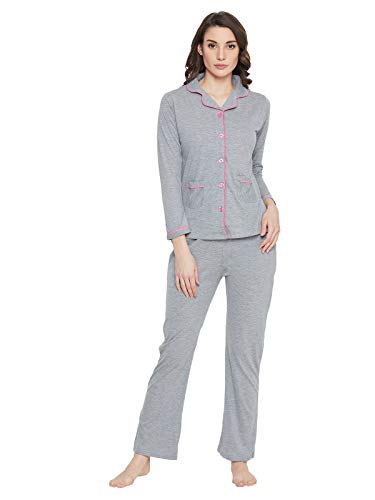 Image of Clovia Cotton Button Down Shirt & Pyjama Set