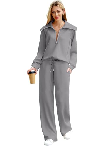 Woolicity Women's 2 Piece Outfits Half Zip Long Sleeve Sweatsuits Sets Wide Leg Sweatpant Tracksuit with Pockets3