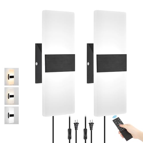Plug in Wall Sconces with Adjustable 3000K-6500K Colors & 10%-100% Brightness, Wall Sconces Set of Two with Remote, 12W Acrylic LED Plug in Wall Light, Sconces Wall Decor Set of 2 (2 PACK,Black)