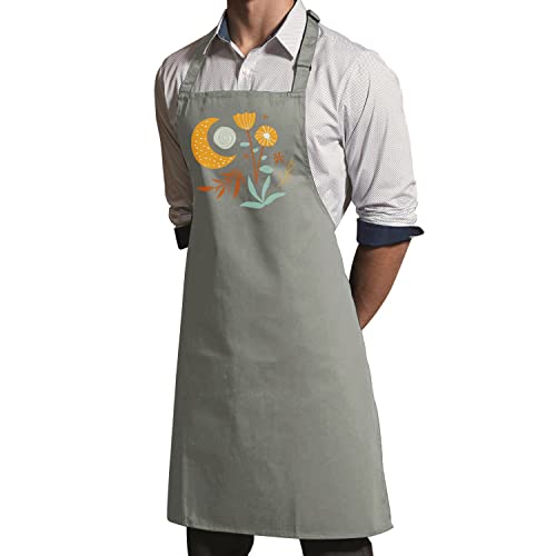 Tablier cuisine gris lin imprimé plantes fleurs minimaliste boho chic moderne
