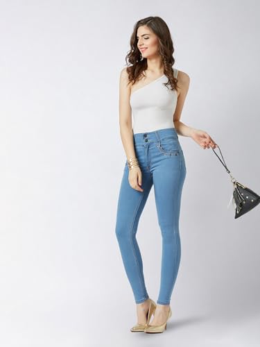 Image of Miss Chase Women's Skinny High Rise Cropped Fringed Hemline Detailing Stretchable Denim Jeans