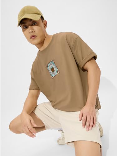 Image of The Souled Store Chai Stamp Men and Boys Short Sleeves Round Neck Brown Graphic Printed Cotton Oversized T-Shirts