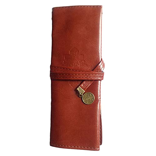 Lamppdcor Bolsa de Rollo a lápiz, Bolsa de bolígrafo a lápiz de Cuero de Cuero Vintage 21x8 cm Brown Roll Up Stationery Stentiling para Oficina Escolar