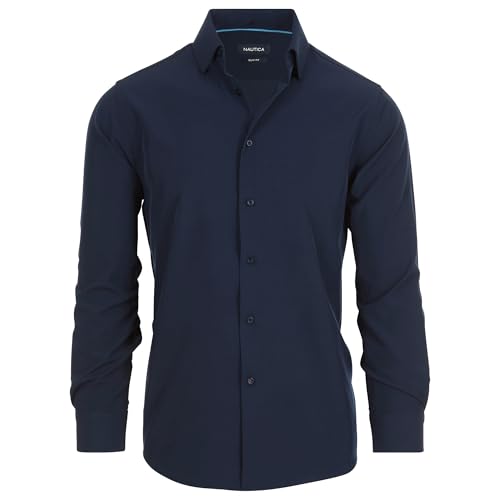 Nautica Camisa social masculina slim fit, manga comprida, tecido de poliéster, sem rugas, elasticidade em 4 direções, Azul-marinho liso, M