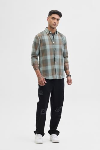Image of SNITCH Men's Shirts | Regular Fit Checkered Shirt | 100% Cotton, Button-Down Collar, Machine Washable, Casual & Formal Wear