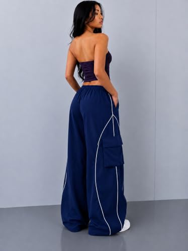 Image of Parachute Baggy Track Pant for Women | Korean Style Loose Fit Wide Leg Cargo Pockets | Piping Casual Trouser