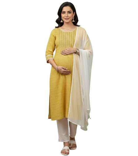 Image of DUMMY SHAPE Pregnancy Dresses for Women Cotton | Floral Maternity Kurta Pant Dupatta Set with Dual Nursing Zippers | Pre & Post Partum | Feeding Kurtis | Baby Shower | Gifts for Pregnant Woman
