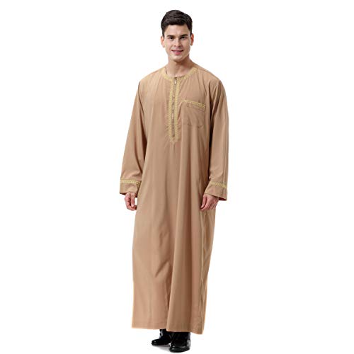 NC Muslim Men's Round Collar Pure Color Zip Thobe Arab Long Sleeves Male Robe