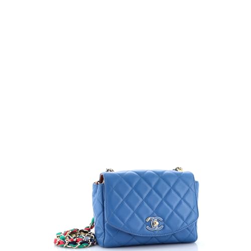 Pre-Loved RIbbon Chain Flap Bag Quilted Lambskin Small, Blue3