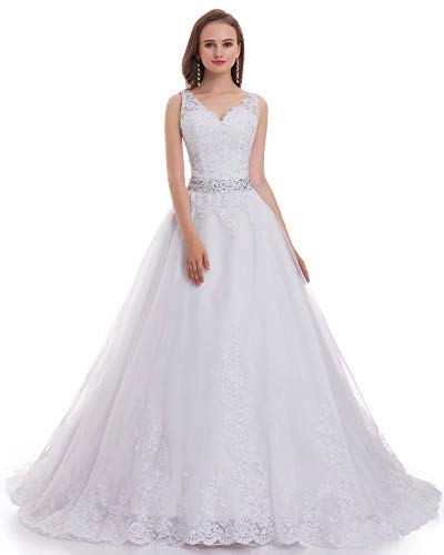 OWMAN Lace V Neck Wedding Dress Beaded Bridal Dresses Appliques Straps Wedding Gown(White,14)