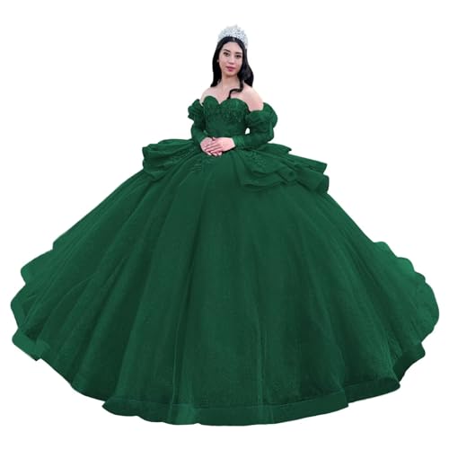 Glitter Long Sleeve Quinceanera Dresses with Bow Pleated Tassel Sweet 16 Dresses Beaded Tulle Vestido de 15 años