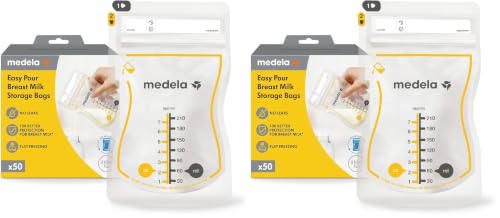 Medela Easy Pour Breastmilk Storage Bags | 50 Count 210ml | Disposable Leakproof Breast Milk Bags with Milk Protection | Recyclable &amp; BPA Free (Pack of 2)