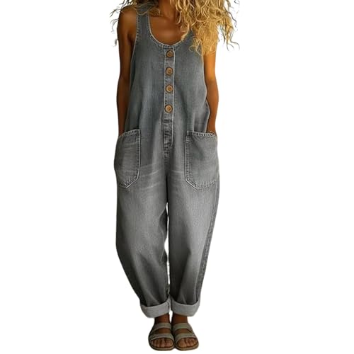 Peto de mezclilla vintage sin mangas con botones frontales overol gris L