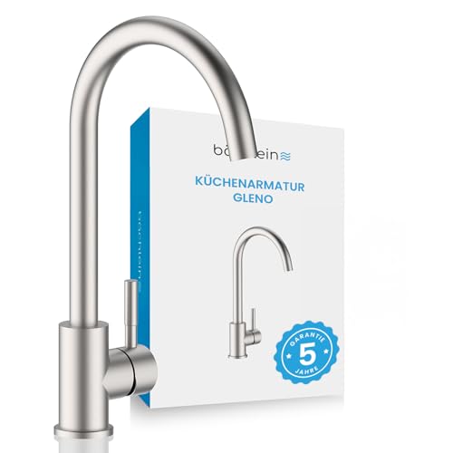 Bächlein Küchenarmatur Gleno (gebürsteter Edelstahl) – Einhand-Spültischbatterie aus Edelstahl mit 360° schwenkbarem Auslauf, Wasserhahn für die Küche in extra massiver Ausführung