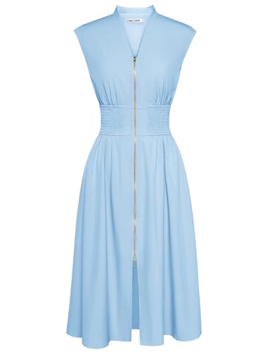 GRACE KARIN Ladies Dress Elegant Casual Work Dresses with Pockets Zip Front Navy Blue 2XL